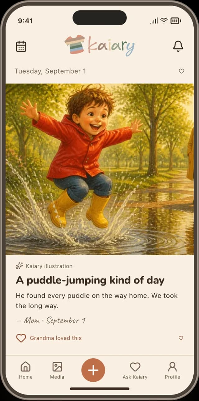 Illustrative Kaiary journal screen with a child’s puddle-jumping memory. Sample content from Kaiary’s website preview.
