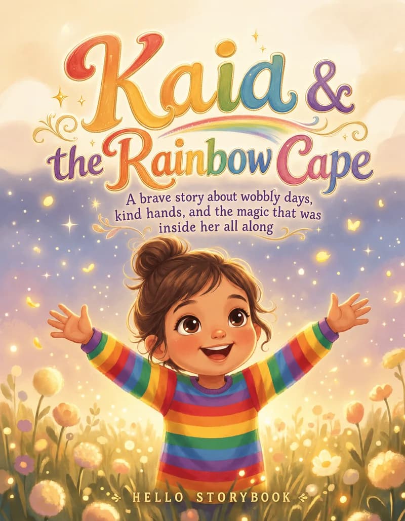Hello Storybook sample cover: Kaia and the Rainbow Cape, showing Kaia in a wildflower meadow.